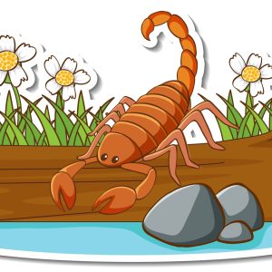 Cute scorpion standing on a log sticker illustration